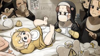 Rule 34 | > <, 6+girls, aged down, baby, baby animal, bird, blonde hair, blue eyes, brown eyes, brown hair, chicken, clumsy nun (diva), commentary, diaper, diaper changing, diva (hyxpk), duck, duckling, english commentary, grey hair, highres, holding breath, hungry nun (diva), leaf nun (diva), little nuns (diva), mole, mole on cheek, mouse (animal), multiple girls, nervous sweating, nun, on bed, poster (object), red star, sign, smell, smug nun (diva), star (symbol), strict nun (diva), sweat, traditional nun, warning sign