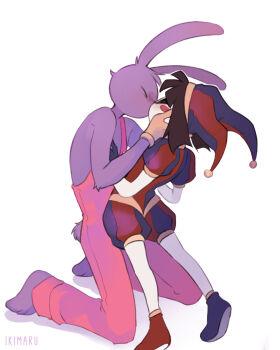 1boy 1girl asymmetrical_gloves blue_gloves blush_stickers brown_hair colored_skin furry gloves hat hat_bell highres ikimaru jax_(the_amazing_digital_circus) jester jester_cap jester_costume kiss mismatched_gloves multicolored_hat pomni_(the_amazing_digital_circus) puffy_sleeves red_gloves short_hair short_sleeves striped_clothes striped_headwear the_amazing_digital_circus vertical-striped_clothes vertical-striped_headwear