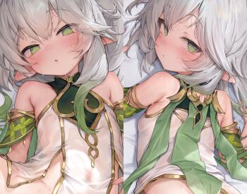 1girl absurdres bare_shoulders blush breasts covered_navel detached_sleeves genshin_impact green_eyes grey_hair highres loli looking_at_viewer lying nahida_(genshin_impact) on_back on_stomach pointy_ears see-through_clothes small_breasts solo waymay