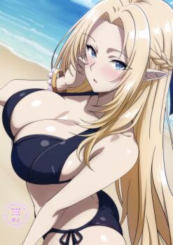 1girl alpha_(kage_no_jitsuryokusha_ni_naritakute!) beach bikini blue_bikini blue_eyes blush bracelet braid breasts cleavage elf from_above from_side hand_on_own_face highres jewelry kage_no_jitsuryokusha_ni_naritakute! large_breasts long_hair looking_at_viewer makiri_akira ocean open_mouth pointy_ears side-tie_bikini_bottom solo swimsuit very_long_hair