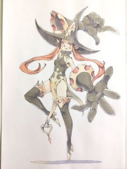 1girl arm_up black_dress black_gloves black_hat black_thighhighs breasts commentary dress en_pointe full_body gloves hat heart high_collar high_heels highres leg_up long_hair looking_at_viewer open_hand original parted_lips pelvic_curtain peter_salt pointy_ears red_eyes red_hair shoes side_slit sleeveless sleeveless_dress small_breasts solo standing standing_on_one_leg thighhighs traditional_media very_long_hair white_background witch witch_hat yellow_shoes