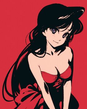 Rule 34 | 1girl, blending, breasts, cleavage, collarbone, commentary, dress, long hair, looking at viewer, meitantei conan, moshimoshibe, mouri ran, red dress, simple background, smile, solo, strapless, strapless dress