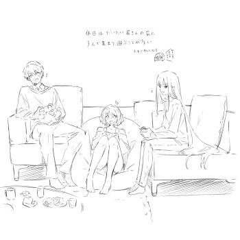 2girls barefoot bean_bag_chair controller couch game_controller hair_between_eyes highres holding holding_controller holding_game_controller kai_ayame kanadate_ruri kanade_(kanade_3344) long_hair multiple_girls open_mouth original pants short_hair simple_background sitting sweatdrop translation_request white_background yahazu_tobira