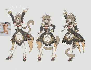 1girl :3 akanbe animal_ears arms_up big_itachi black_bow black_collar black_dress blue_eyes blush bow brown_hair cat_ears cat_girl cat_tail collar commentary detached_collar detached_sleeves dress english_commentary eyelid_pull frilled_dress frilled_sleeves frills full_body genshin_impact gloves grey_background hair_bow headdress high_heels highres kemonomimi_mode long_sleeves multiple_views photo_inset puckered_lips reference_inset sandrone_(genshin_impact) short_hair_with_long_locks strapless strapless_dress tail tongue tongue_out white_gloves white_headdress winding_key