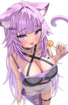 1girl absurdres animal_ears bare_shoulders black_choker blush breasts candy cat_ears cat_girl cat_tail choker cleavage commentary_request criss-cross_halter food hair_ornament hairclip halterneck highres holding hololive kumoru_(kumoru_145) large_breasts lollipop long_hair looking_at_viewer nekomata_okayu open_mouth purple_eyes purple_hair purple_thighhighs saliva saliva_trail shorts simple_background single_thighhigh smile solo symbol-shaped_pupils tail thigh_strap thighhighs tongue tongue_out white_background white_shorts
