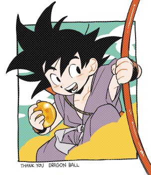 1boy absurdres black_hair blush child cloud dragon_ball dragon_ball_(classic) dragon_ball_(object) highres holding_dragon_ball jumpsuit kena131 looking_to_the_side male_focus open_mouth purple_jumpsuit short_hair sleeveless_jumpsuit smile solo son_goku spiked_hair thank_you wristband