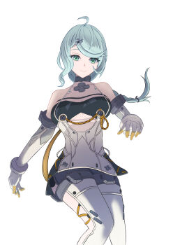 1girl absurdres ahoge bare_shoulders blue_eyes blue_hair breasts commentary_request cowboy_shot elbow_gloves fuyuame5089 gloves hair_ornament highres long_hair looking_at_viewer mole mole_on_shoulder see-through_dress_layer seed_(zenless_zone_zero) simple_background smile solo white_background white_gloves zenless_zone_zero
