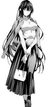 1girl bag black_hair breasts buttons full_body hair_between_eyes haite_kudasai_takamine-san handbag highres hiiragi_yuuichi jacket large_breasts long_hair long_skirt medium_breasts monochrome ribbed_shirt shirt shoes skirt socks solo takamine_takane