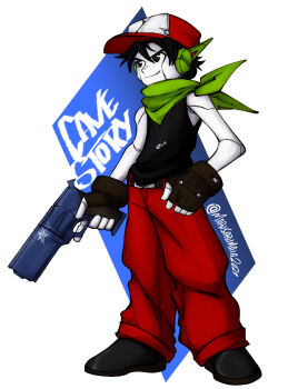 1boy android bare_arms black_hair black_shirt boots brown_gloves cap collar doukutsu_monogatari fingerless_gloves gloves green_scarf gun handgun hat holding holding_gun holding_weapon joints loose_clothes loose_shirt male_focus marusaru_maia neckerchief pale_skin pants pistol quote_(cave_story) red_pants robot robot_ears robot_joints scarf shirt smirk solo tank_top weapon