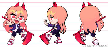 1girl artist_name black_necktie black_pants chainsaw_man chibi chibi_only collared_shirt commentary_request cross-shaped_pupils demon_girl full_body gashi-gashi highres holding holding_scythe horns jacket multiple_views necktie open_mouth orange_eyes orange_hair outstretched_hand pants pants_rolled_up power_(chainsaw_man) purple_jacket red_horns scythe sharp_teeth shirt shoes smile sneakers solo symbol-shaped_pupils teeth white_shirt white_shoes