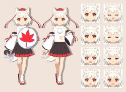 Rule 34 | 1girl, 4rion, animal ears, bare shoulders, black skirt, brown eyes, commentary request, detached sleeves, expressions, full body, geta, grey background, hat, highres, inubashiri momiji, leaf print, long sleeves, miniskirt, multiple views, pleated skirt, red footwear, red hat, red skirt, shield, shirt, short hair, simple background, skirt, standing, tachi-e, tail, tengu-geta, tokin hat, touhou, two-tone skirt, white hair, white shirt, white sleeves, wide sleeves, wolf ears, wolf tail