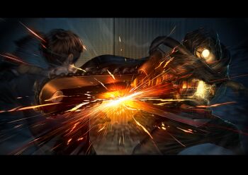 Rule 34 | 1boy, 1other, absurdres, arnold (project moon), cape, chainsaw, chainsword, clash, electricity, fighting, fighting stance, highres, holding, holding sword, holding weapon, hood, hood up, hooded cape, humanoid robot, library of ruina, lubban, one-eyed, project moon, robot, sparks, sword, sword clash, weapon