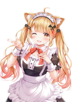 1girl ;d ahoge alternate_costume apron bat_hair_ornament black_shirt black_skirt blonde_hair blunt_bangs blush bow bowtie breasts buttons center_frills commentary_request cowboy_shot detached_collar enmaided fang fingernails frilled_apron frilled_shirt_collar frills hair_ornament hairclip highres hololive looking_at_viewer maid maid_headdress medium_breasts nail_polish official_alternate_hair_length official_alternate_hairstyle one_eye_closed open_mouth parallel_hairclips pink_nails puffy_short_sleeves puffy_sleeves red_bow red_bowtie sakura_moyon shirt short_sleeves simple_background skin_fang skirt smile solo suspender_apron twintails virtual_youtuber waist_apron white_apron white_background yellow_eyes yozora_mel