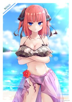 1girl alternate_costume artist_name bikini black_bikini blue_eyes blunt_bangs blurry blurry_background blush breasts butterfly_hair_ornament character_name cleavage collarbone commentary_request crossed_arms day flower go-toubun_no_hanayome hair_ornament highres horizon large_breasts lens_flare medium_hair nakano_nino navel ocean outdoors pout purple_sarong red_flower red_hair sarong see-through_clothes see-through_sarong shi-2 sky standing swimsuit twitter_username v-shaped_eyebrows water