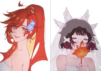 2girls absurdres ahoge alternate_hair_length alternate_hairstyle bare_shoulders black_hair closed_eyes collarbone columbina_(genshin_impact) commentary english_commentary eye_mask flower genshin_impact hair_flower hair_ornament hair_ribbon head_wings highres holding holding_flower implied_yuri lipstick long_hair makeup mask mavuika_(genshin_impact) multicolored_hair multiple_girls orange_hair parted_lips red_eyes red_hair revision ribbon see-through_clothes see-through_veil selenium_(reg_no_06089) short_hair simple_background smile spaghetti_strap symbol_in_eye veil white_background white_ribbon wings