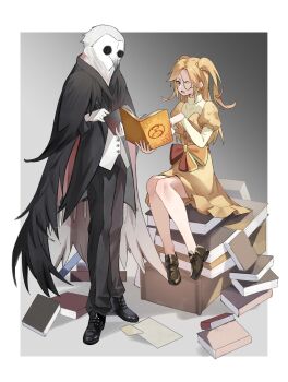 Rule 34 | 1boy, 1girl, black cape, black coat, black pants, black souls, black souls 2, blonde hair, book, book stack, bow, brown footwear, buttons, cape, chushthu, coat, dress, estir, eyepatch, full body, heart, heart eyepatch, highres, holding, holding book, juliet sleeves, long hair, long sleeves, lorde (black souls), orange bow, pants, puffy sleeves, shirt, shoes, sitting, sucker for love, two side up, white shirt, yellow dress