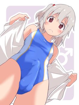 1boy bare_shoulders black_one-piece_swimsuit blush brown_eyes bulge commentary competition_swimsuit covered_penis covered_testicles cowboy_shot crossdressing crossdressing_(mtf) erection erection_under_clothes frown grey_hair hair_between_eyes highres looking_at_viewer male_focus mars_symbol off_shoulder one-piece_swimsuit one_side_up onii-chan_wa_oshimai! open_clothes open_shirt outline senkawa_minato shirt simple_background solo swimsuit trap undressing unkimo white_outline white_shirt