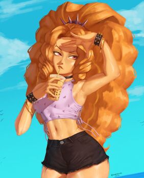 1girl absurdres adagio_dazzle armpits bare_shoulders blonde_hair blue_sky bracelet bubble_tea cloud cloudy_sky crop_top drinking gold_bracelet highres jewelry looking_to_the_side midriff my_little_pony my_little_pony:_equestria_girls my_little_pony:_friendship_is_magic nire_(nirefuster) pink_eyes short_shorts shorts sky solo spiked_bracelet spikes thighs