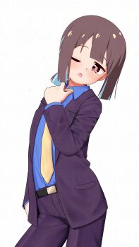 Rule 34 | 1girl, ;o, absurdres, adjusting clothes, adjusting necktie, alternate costume, belt, black belt, black pants, blue hair, blue shirt, brown eyes, brown hair, colored inner hair, commentary, cowboy shot, english commentary, formal clothes, happyundergate, highres, hozuki momiji, jacket, long sleeves, mixed-language commentary, multicolored hair, necktie, one eye closed, onii-chan wa oshimai!, open clothes, open jacket, pant suit, pants, ponytail, reverse trap, shirt, short hair, short ponytail, solo, suit, two-tone hair, wing collar, yellow necktie