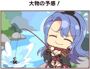 1girl ^_^ armor artist_request bait beads black_gloves black_hairband blue_hair bra breasts bush chibi chibi_only cleavage closed_eyes day fishing fishing_line fishing_lure fishing_rod gloves hairband hat holding holding_fishing_rod japanese_armor kote kurokote large_breasts long_hair nachi_(senran_kagura) official_alternate_costume official_art outdoors panties pom_pom_(clothes) prayer_beads revealing_clothes ribbon-trimmed_bra ribbon-trimmed_panties ribbon_trim river rock senran_kagura senran_kagura_new_link senran_kagura_new_wave shoulder_armor shuriken smile sode solo splashing tohno_tengu_shinobi_group_uniform tokin_hat translation_request tree underwear water weapon white_bra white_panties