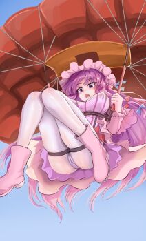 Rule 34 | 1girl, blue bow, bow, breasts, cameltoe, capelet, commission, dress, falling, from below, hair bow, hat, hat ornament, hat ribbon, highres, holding, large breasts, long hair, mob cap, namiki (remiter00), open mouth, outdoors, pantyhose, parachute, patchouli knowledge, pink capelet, pink robe, pixiv commission, purple eyes, purple hair, purple hat, red bow, red ribbon, ribbon, robe, sky, skydive, solo, striped clothes, striped dress, touhou, vertical-striped clothes, vertical-striped dress, very long hair