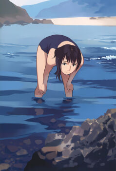 1girl absurdres black_one-piece_swimsuit black_school_swimsuit day female_focus highres one-piece_swimsuit school_swimsuit sky smile solo swimsuit takamichi wading water