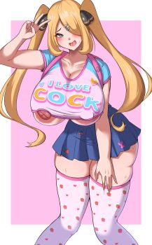 1girl areola_slip arm_up armpit_hair armpit_hair_peek backpack bag blonde_hair blue_skirt blush breasts cleavage crop_top cynthia_(pokemon) food_print fruit_print grey_eyes hair_ornament hair_over_one_eye hairclip hand_on_own_thigh huge_breasts long_hair luna_june mature_female miniskirt nintendo nipple_slip nipples one_eye_covered open_mouth pink_background pink_shirt pink_thighhighs pokemon pokemon_dppt shirt skindentation skirt smile solo standing strawberry_print sweat t-shirt thick_thighs thighhighs thighs twintails underboob v