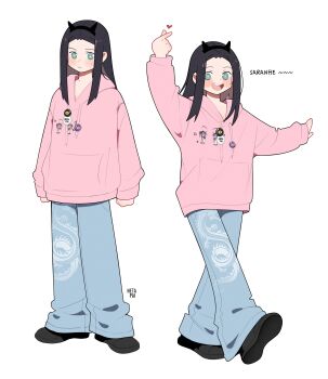 1girl absurdres artist_self-insert baggy_pants black_footwear black_hair black_hairband blue_eyes blue_pants commentary denim fake_horns hairband heart highres hood hooded_sweater hoodie horns jeans netapai1 open_mouth original pants pink_hoodie pink_sweater shoes simple_background sleeves_past_wrists smile snapping_fingers sweater