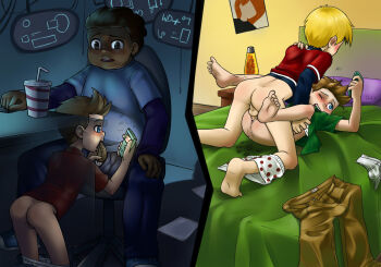 4boys anal ass barefoot bed bedroom blonde_hair blue_eyes bottomless brothers brown_hair cum erection feet fellatio highres jim_possible kim_possible_(series) kodomo_doushi male_focus male_penetrated multiple_boys oral penis phone ron_stoppable shota kodomo_doushi siblings teenage_boy_and_younger_boy tim_possible twins underwear wade_(kim_possible) wangdangle yaoi