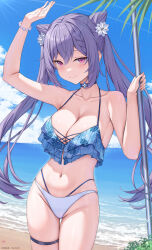 Rule 34 | 1girl, absurdres, alternate costume, arm up, armpit crease, arms up, bare shoulders, beach, bikini, blue bikini, blue choker, blue sky, blush, braid, braided bangs, breasts, choker, cleavage, closed mouth, collarbone, commentary request, cone hair bun, cowboy shot, day, frilled bikini, frills, genshin impact, hair bun, hair ornament, highleg, highleg bikini, highres, holding, holding pole, horizon, keqing (genshin impact), large breasts, looking at viewer, navel, ocean, outdoors, paid reward available, palm leaf, patreon username, pole, purple hair, red eyes, rosumerii, sky, smile, solo, stomach, swimsuit, thigh strap, thighs, twintails, white bikini