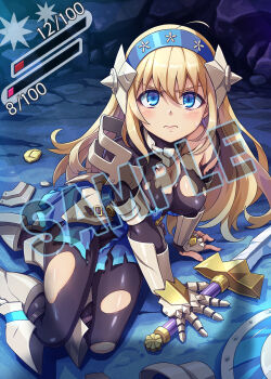 Rule 34 | 1girl, battle damage, blonde hair, blue eyes, breasts, cave, covered erect nipples, defeat, hair ornament, health bar, imperial (female), inti creates, kingdom's return, long hair, medium breasts, official art, shadow, sword, torn clothes, weapon