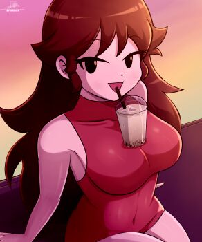 1girl absurdres black_eyes breasts bubble_tea bubble_tea_challenge cleavage covered_navel cup dress drinking_straw friday_night_funkin&#039; girlfriend_(friday_night_funkin&#039;) highres large_breasts long_hair looking_at_viewer open_mouth red_dress red_hair solo the-butcher-x very_long_hair