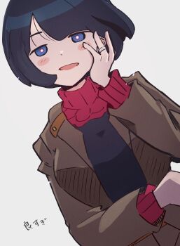 1girl absurdres black_hair blue_eyes brown_jacket commentary commentary_request dutch_angle grey_background gundam gundam_gquuuuuux highres jacket jewelry looking_at_viewer open_mouth piyodein_(katsugo) red_sweater ring shiiko_sugai short_hair simple_background solo sweater turtleneck turtleneck_sweater