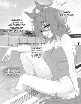 1girl absurdres agnes_tachyon_(umamusume) ahoge animal_ears breasts cleavage commentary english_commentary english_text greyscale highres horse_ears horse_girl horse_tail long_bangs looking_at_viewer mayoa medium_breasts medium_hair monochrome one-piece_swimsuit open_mouth outdoors poolside sitting smile soaking_feet solo swimsuit tail talking umamusume wet