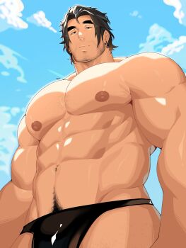 1boy abs adam's_apple bara beard_stubble black_male_swimwear bulge day expressionless facial_hair from_below highres large_pectorals looking_at_viewer male_focus male_swimwear mature_male muscular muscular_male navel navel_hair nipples original pectorals shiny_skin solo standing stomach strongman_waist stubble sunlight swim_briefs tacco_(el_tacc0) thick_eyebrows thick_navel_hair topless_male