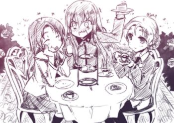 Rule 34 | 3girls, black neckerchief, black necktie, black pantyhose, braid, bush, cake, chair, clenched hand, closed eyes, collared shirt, cup, dessert, flower, food, fork, frown, girls und panzer, girls und panzer little army, graphite (medium), happy, holding, holding cup, holding fork, holding plate, holding tray, kuromorimine school uniform, long hair, long sleeves, miniskirt, monochrome, multiple girls, neckerchief, necktie, on chair, ooarai school uniform, orange pekoe (girls und panzer), pantyhose, plate, pleated skirt, rose, round table, sawa azusa, school uniform, serafuku, sheska (girls und panzer), shirt, short hair, sitting, skirt, smile, st. gloriana's school uniform, sweater, table, tablecloth, tea, tea party, teacup, traditional media, tray, utensil in mouth, white serafuku, yuuki eishi