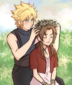 1boy 1girl aerith_gainsborough aqua_eyes bangle bare_arms belt black_pants blonde_hair blue_shirt blush bracelet braid braided_ponytail brown_belt brown_hair choker closed_eyes cloud_strife cropped_jacket final_fantasy final_fantasy_vii final_fantasy_vii_rebirth final_fantasy_vii_remake flower_choker hair_between_eyes hair_ribbon head_wreath highres jacket jewelry long_hair outdoors pants parted_bangs pink_hair pink_ribbon punziebunnie red_jacket ribbon shirt short_hair short_sleeves sidelocks sketch smile spiked_hair suspenders upper_body