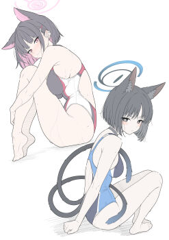 2girls absurdres animal_ear_fluff animal_ears barefoot black_choker black_eyes black_hair black_one-piece_swimsuit blue_archive blue_halo blue_one-piece_swimsuit blush breasts cat_ears cat_girl cat_tail choker closed_mouth colored_inner_hair commentary extra_ears feet hair_ornament hairclip halo highres kazusa_(blue_archive) kikyou_(blue_archive) large_breasts looking_at_viewer looking_to_the_side multicolored_hair multiple_girls multiple_tails one-piece_swimsuit pink_eyes pink_hair pink_halo short_hair simple_background sitting swimsuit symbol-only_commentary t1kosewad tail two_tails wet white_background white_one-piece_swimsuit