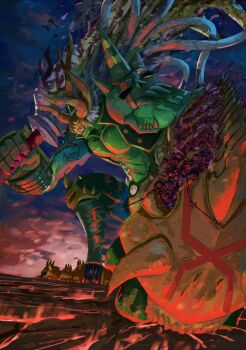 Rule 34 | 1boy, absurdres, arm shield, armor, bone, claws, colored skin, crack, cracked floor, digimon, digimon (creature), fangs, green armor, green skin, helmet, highres, holding, holding sword, holding weapon, horns, huge weapon, kneeling, long hair, male focus, nimadj, pectorals, red eyes, shield, skeleton, spiked hair, sword, titamon, undead, weapon, white hair