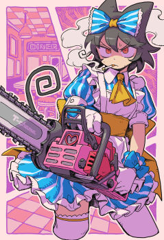 1girl animal_ears apron ascot black_hair blue_bow blue_dress bow ceiling ceiling_light chainsaw cigarette commentary commission cropped_legs diner dress gloves hair_between_eyes hair_bow highres holding mizuno_(okn66) mouth_hold orange_eyes original short_sleeves skeb_commission smoke smoking solo striped_clothes striped_dress sweat tail thighhighs tile_ceiling tile_floor tiles vertical-striped_clothes vertical-striped_dress white_apron white_gloves white_thighhighs yellow_ascot