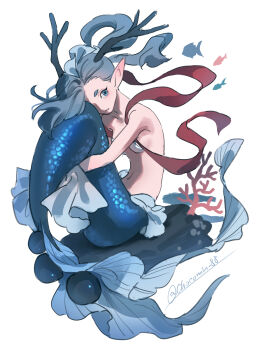 Rule 34 | 1girl, antlers, artist name, blue eyes, blue tail, breasts, chocomin 88, commentary request, fish, highres, horns, izanami (youkai watch), long hair, looking at viewer, mermaid, monster girl, pointy ears, ponytail, simple background, small breasts, solo, white background, youkai (youkai watch), youkai watch