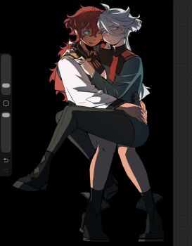 Rule 34 | 2girls, art program in frame, asticassia school uniform, black background, black boots, black pantyhose, blue eyes, blush, boots, closed mouth, green jacket, green shorts, grey eyes, gundam, gundam suisei no majo, hand on another's shoulder, hands on another's waist, highres, jacket, long hair, miorine rembran, multiple girls, one eye closed, open mouth, pantyhose, red hair, school uniform, shorts, simple background, smile, stresseddog, suletta mercury, thick eyebrows, white hair, white jacket, yuri