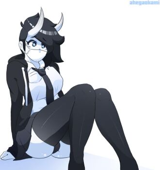 1girl ahegaokami ass black_hair black_skirt black_thighhighs blue_skin colored_skin horns mask necktie panties skirt solo spooky_(ahegaokami) thighhighs thighs underwear