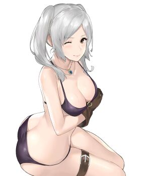 bikini breasts brown_eyes brown_gloves butt_crack female_robin_(fire_emblem) fire_emblem fire_emblem_awakening fire_emblem_heroes gloves highres j@ck jewelry necklace nintendo o-ring o-ring_bikini official_alternate_costume one_eye_closed purple_bikini female_robin_(seaside_tactician)_(fire_emblem) swimsuit twintails white_hair wink
