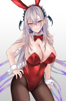 1girl alternate_costume animal_ear_hairband animal_ears bare_shoulders black_pantyhose blush bow bowtie breasts cleavage collar commentary covered_navel cowboy_shot detached_collar fake_animal_ears hair_between_eyes hairband hand_on_own_hip highleg highleg_leotard highres indie_virtual_youtuber large_breasts leotard linea_alba long_hair looking_at_viewer m_(1n910) md5_mismatch mole_beside_mouth multicolored_hair nail_polish pantyhose pink_nails playboy_bunny pochimaru_(vtuber) rabbit_ear_hairband rabbit_ears red_bow red_bowtie red_eyes red_leotard resolution_mismatch revision slit_pupils smile solo source_smaller standing strapless strapless_leotard symbol-only_commentary teardrop_facial_mark very_long_hair virtual_youtuber white_collar white_hair white_wrist_cuffs wrist_cuffs
