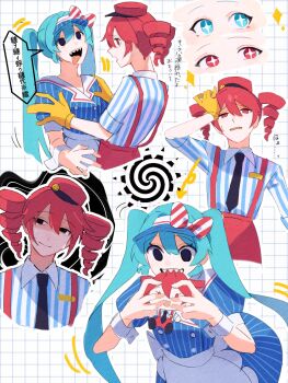 apron aqua_eyes aqua_hair arrow_(symbol) biting black_eyes black_mouth black_necktie blue_background blue_hat blue_shirt bow breasts character_doll closed_mouth commentary crazy crying crying_with_eyes_open depressed diagonal-striped_bow doll dress drill_hair exasperation face-to-face gloves grid_background hair_between_eyes hand_on_another's_arm hand_on_another's_shoulder hand_on_own_head hand_up hat hat_bow hatsune_miku head_tilt highres holding holding_doll kasane_teto konoha_hakawaii long_hair mesmerizer_(vocaloid) name_tag necktie outline pants partially_translated pinstripe_dress pinstripe_hat pinstripe_pattern puffy_short_sleeves puffy_sleeves raised_eyebrows red_bow red_eyes red_hair red_hat red_pants red_suspenders shaded_face shaking sharp_teeth shirt short_sleeves small_breasts sparkle spiral striped_bow striped_clothes striped_dress striped_shirt sweatdrop tears teeth tongue tongue_out translation_request tridecagram twin_drills twintails two-tone_shirt utau vertical-striped_clothes vertical-striped_dress vertical-striped_shirt very_long_hair visor_cap vocaloid waist_apron white_apron white_background white_bow white_outline white_shirt wrist_cuffs yellow_gloves