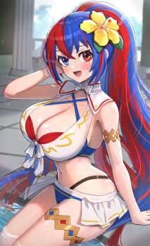 1girl absurdres arm_behind_head bangle bikini blue_bikini blue_eyes bracelet breasts cleavage crossed_bangs female_alear_(fire_emblem) female_alear_(seaside_dragon)_(fire_emblem) fire_emblem fire_emblem_engage fire_emblem_heroes flower gonzarez hair_flower hair_ornament halterneck hetero heterochromia hibiscus highres jewelry large_breasts long_hair looking_at_viewer multicolored_bikini multicolored_hair nintendo official_alternate_costume official_alternate_hairstyle open_mouth parted_lips ponytail pool red_bikini red_eyes red_hair showgirl_skirt smile solo split-color_hair swimsuit two-tone_hair very_long_hair white_bikini