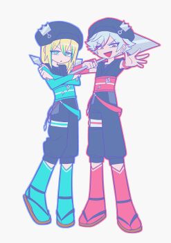 2boys absurdres beret black_hat black_pants black_shirt blonde_hair blue_eyes blue_socks commentary_request cosplay crossed_arms dorothy_west dorothy_west_(cosplay) full_body hair_between_eyes hands_up hat highres holding holding_weapon idol_land_pripara japanese_clothes korean_commentary lau_(laustar30) long_hair long_sleeves looking_at_viewer male_focus multicolored_hair multiple_boys ninja ooedo_shinya open_mouth pants pink_eyes pretty_series pripara red_socks reona_west reona_west_(cosplay) sandals shirt short_hair sleeveless sleeveless_shirt smile socks standing streaked_hair ushimitsu_(pripara) weapon