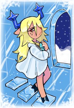 1girl 1her0 antlers blonde_hair blue_gemstone blue_horns body_fur border brown_fur dark_persona deer_antlers deer_girl deltarune dress freckles frostbite frown full_body furry furry_female gem half-closed_eyes hand_on_own_chest hands_up highres hooves horns indoors jewelry long_hair long_sleeves looking_at_viewer necklace noelle_holiday noelle_holiday_(dark_world) on_stairs red_eyes snow snowflakes snowing solo stairs standing utdr_(toby_fox) white_dress