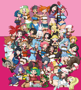6+girls absurdres acerola_(pokemon) alola_mother arms_behind_back professor_juniper ball_gag bdsm bea_(pokemon) belly bianca_(pokemon) bondage bound bound_arms bound_legs bound_wrists candice_(pokemon) clair_(pokemon) cynthia_(pokemon) dawn_(pokemon) elesa_(pokemon) flannery_(pokemon) gag gagged gardenia_(pokemon) highres hilda_(pokemon) hogtie kahili_(pokemon) kris_(pokemon) lana_(pokemon) leaf_(pokemon) lillie_(pokemon) liza_(pokemon) lucy_(pokemon) lyra_(pokemon) mallow_(pokemon) may_(pokemon) maylene_(pokemon) midriff misty_(pokemon) multiple_girls nintendo non-web_source original phoebe_(pokemon) pokemon raya100 roxanne_(pokemon) roxie_(pokemon) sabrina_(pokemon) selene_(pokemon) serena_(pokemon) shibari skyla_(pokemon) whitney_(pokemon) zinnia_(pokemon)
